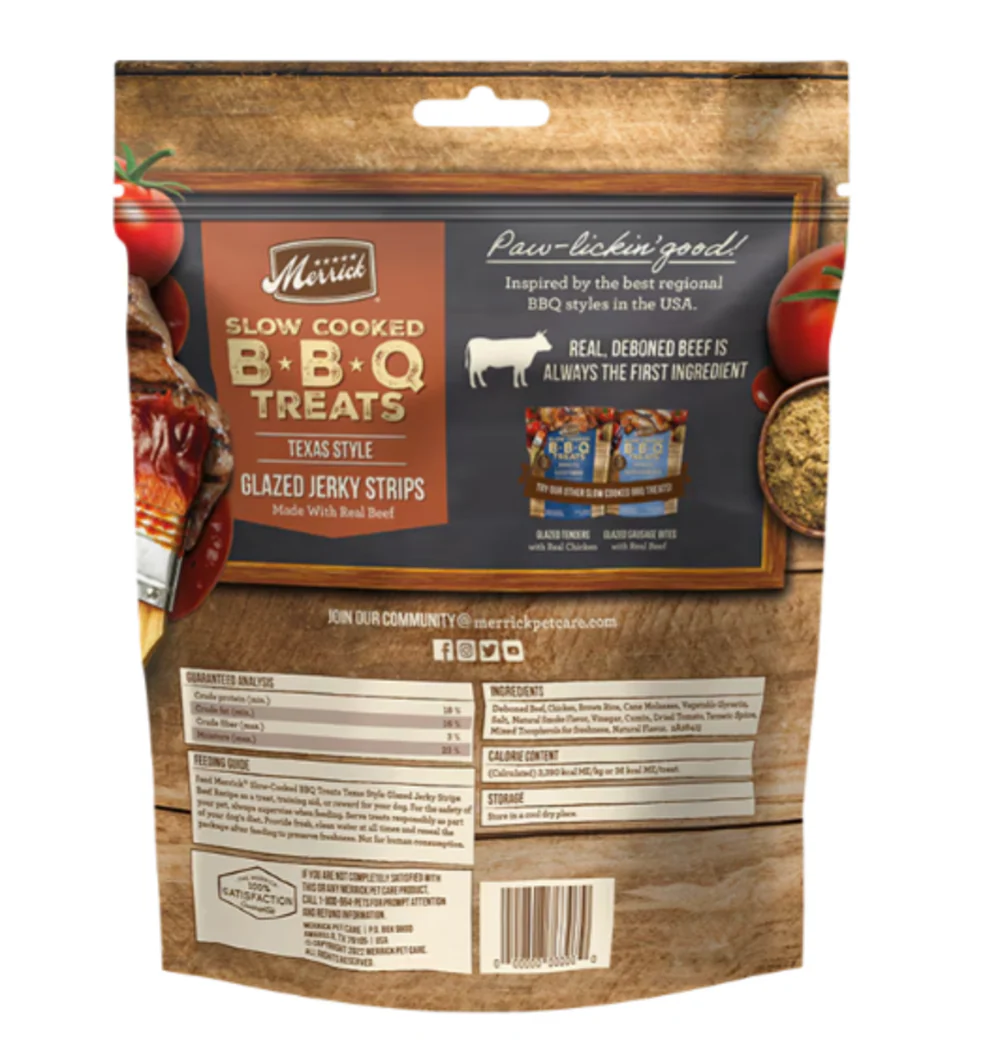 Merrick Slow Cooked BBQ Beef Texas Style Glazed Jerky Strips Dog Treats - Suhuit
