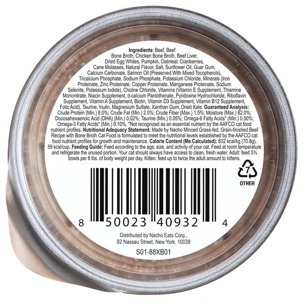 Made By Nacho Minced Grass-Fed, Grain-Finished Beef Recipe Cat Food With Bone Broth And Prebiotics - Suhuit