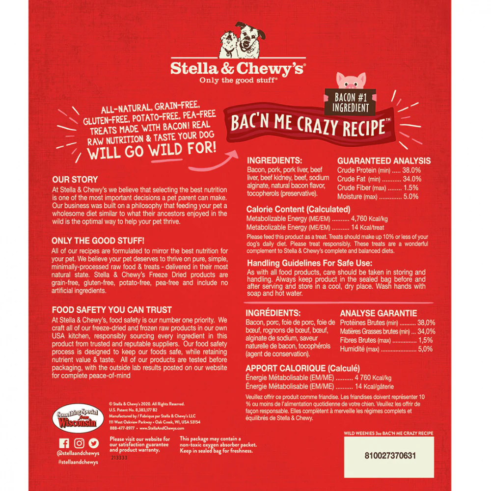 Stella & Chewy's Freeze-Dried Raw Bac'n Me Crazy Recipe Wild Weenies Dog Treats - Suhuit