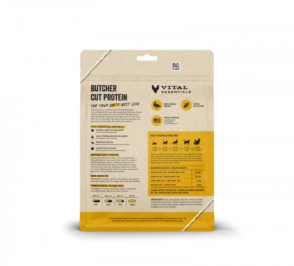 Vital Essentials Grain Free Duck Mini Nibs Freeze Dried Raw Food for Cats - Suhuit