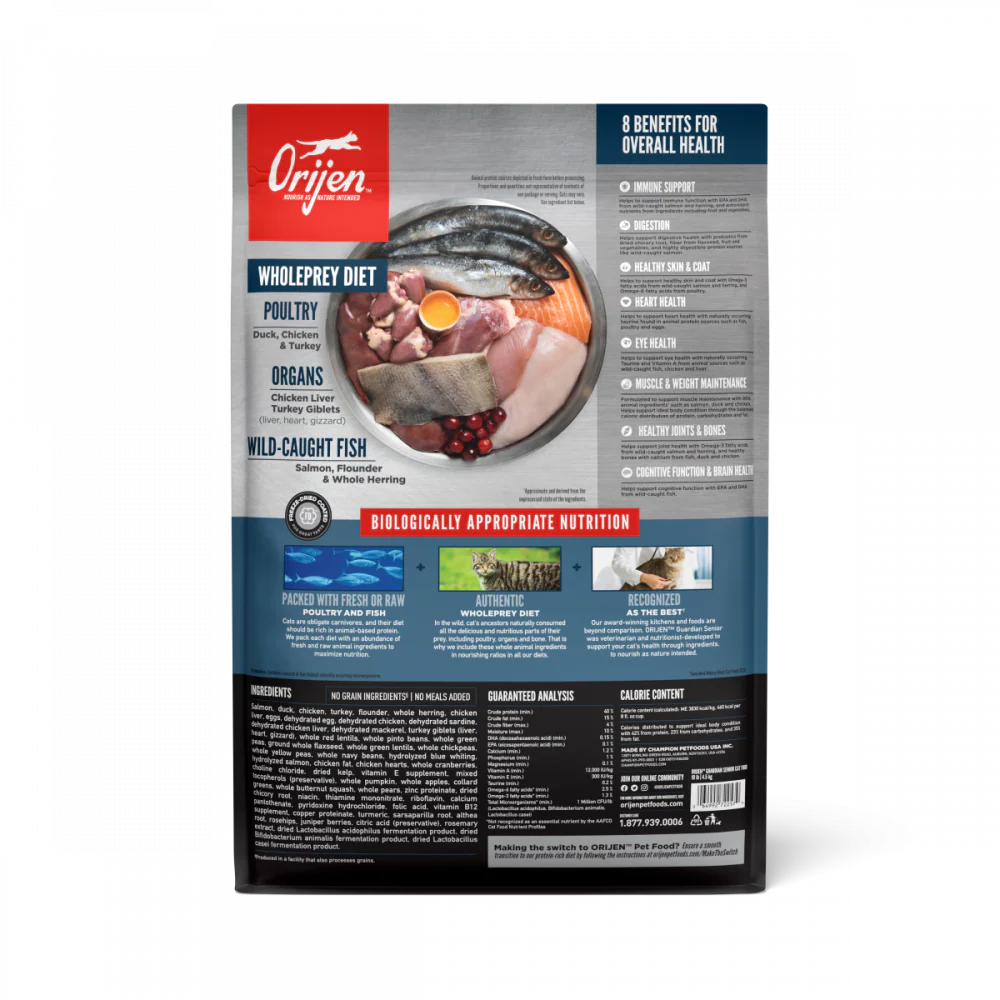 ORIJEN Dry Senior Cat Food Grain Free Premium High Protein Fresh & Raw Animal Ingredient Guardian Senior - Suhuit