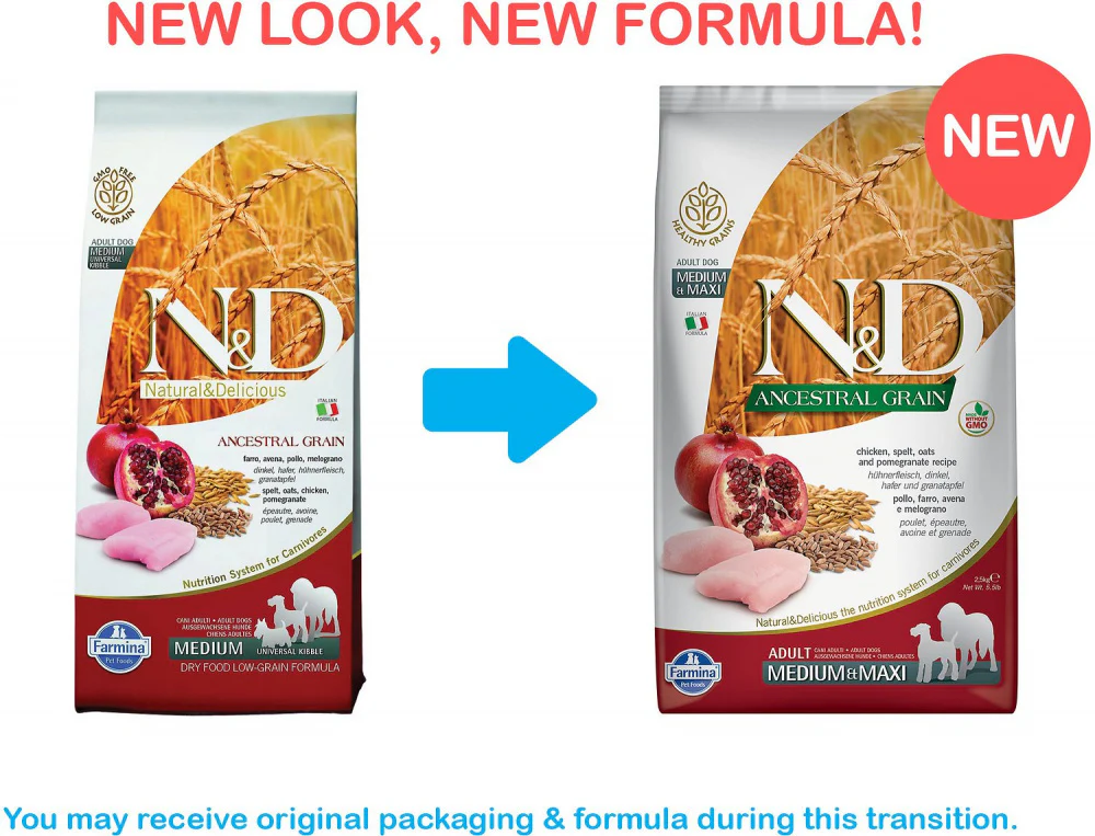 Farmina N&D Natural and Delicious Ancestral Grain Medium & Maxi Chicken & Pomegranate Adult Dry Dog Food - Suhuit